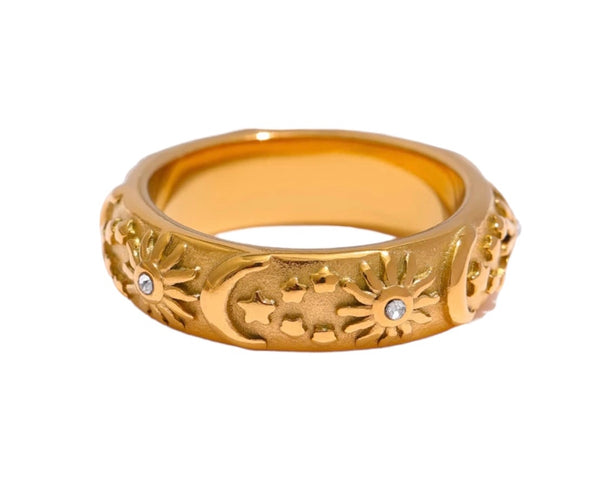 Aurora Sun, Moon and Stars Gold Ring