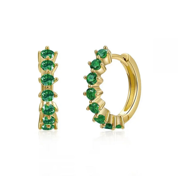 Mini Emerald Rhinestone Small Hoop Gold Earrings