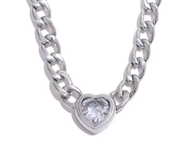‘Rock Chick’ - Heart Stone Chunky Chain Necklace (Gold or Silver)