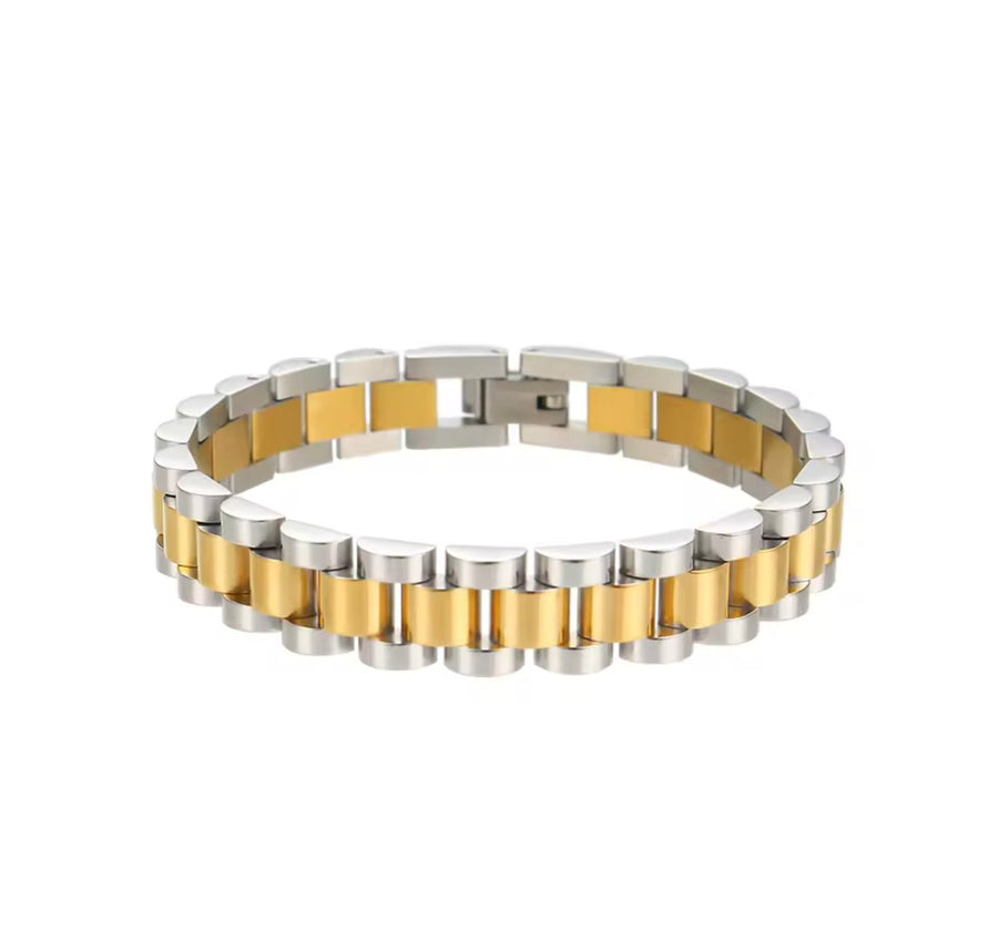 Silver and Gold Chunky Watch Style Bracelet