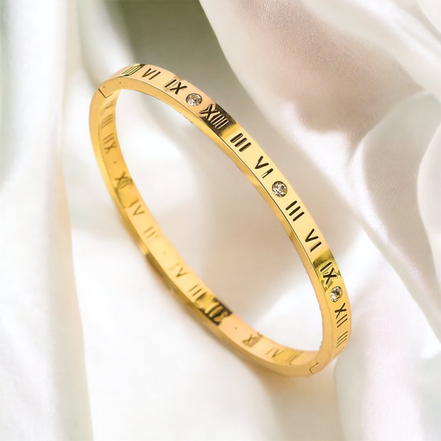 Roman Numeral and Rhinestone Gold Bangle