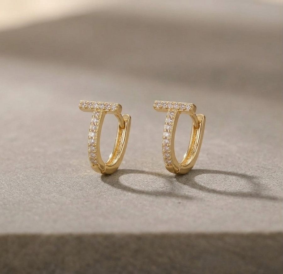 Micro T Bar Pave Huggie Earrings