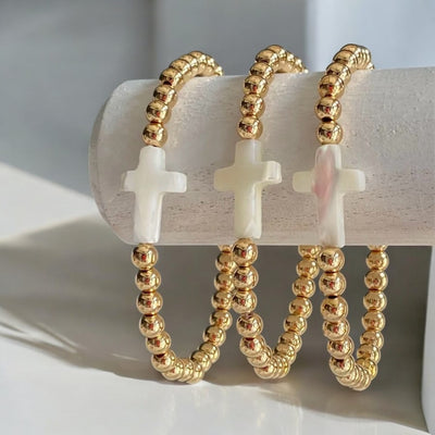 Gold Bead Bracelet with Pearl Cross