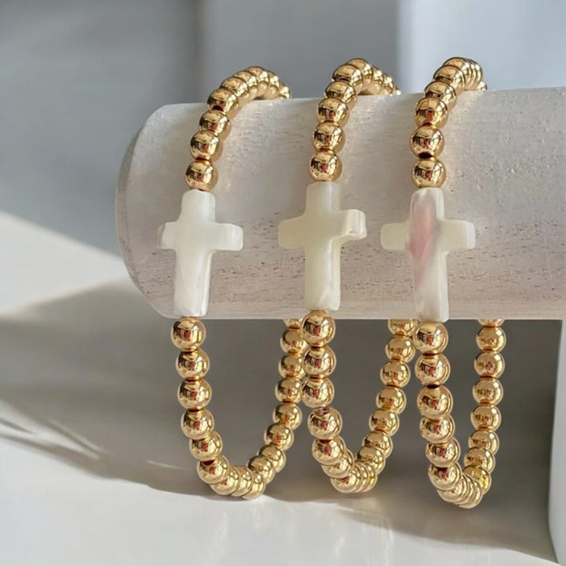 Gold Bead Bracelet with Pearl Cross