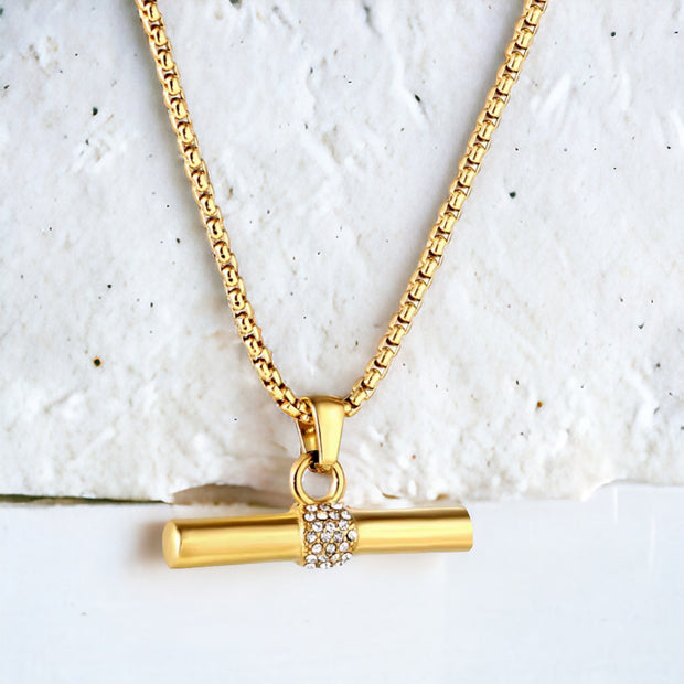 Athena White Crystal T Bar Gold Pendant and Chain