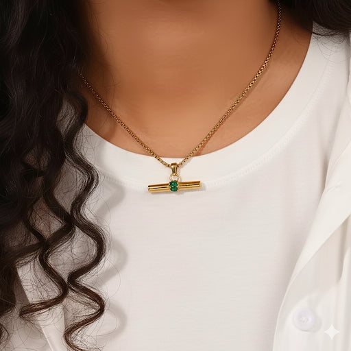 Athena Green Crystal T Bar Gold Pendant and Chain