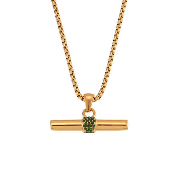 Athena (Green) - Crystal T Bar Gold Pendant and Chain