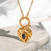 Hammered Heart with Onyx Heart Gold Necklace