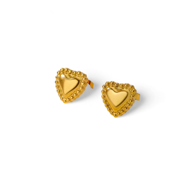 Gold Heart Studs With Dotty Border