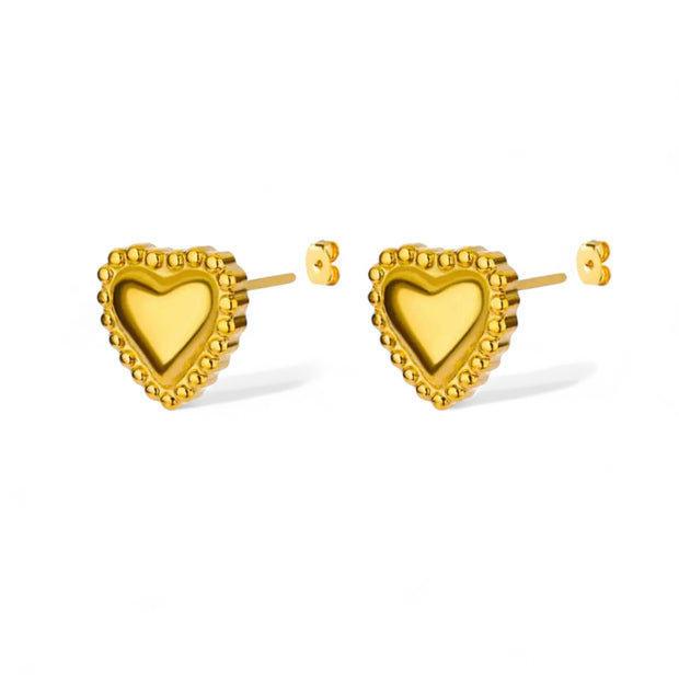 Gold Heart Studs With Dotty Border