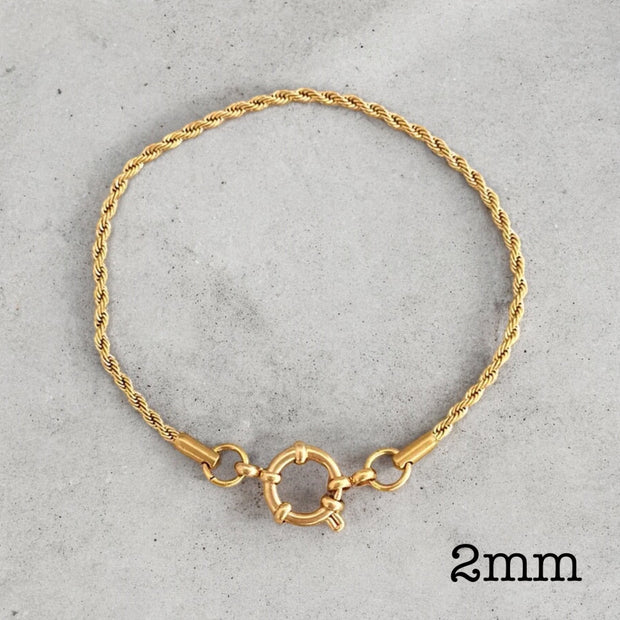 Gold Rope Bracelet with Anchor Fastening (2 widths)