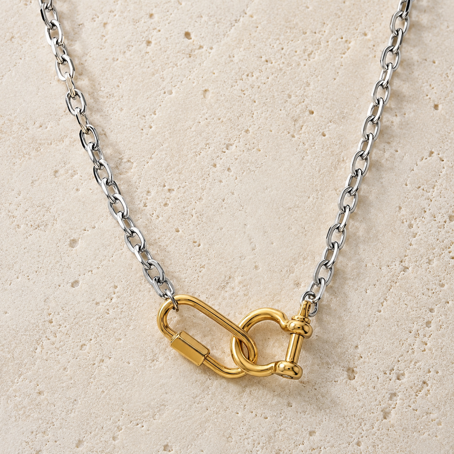 Double Shackle Necklace in Silver with Gold