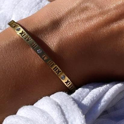 Roman Numeral and Rhinestone Gold Bangle